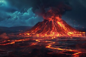 unreal fantasy volcanic eruption landscape with fiery lava and gloomy night sky digital painting