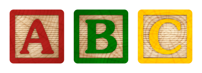 3D render A B C alphabet in colored wooden blocks with letters for literacy and didactic illustration for schools, children, advertisements and others. Excellent quality.