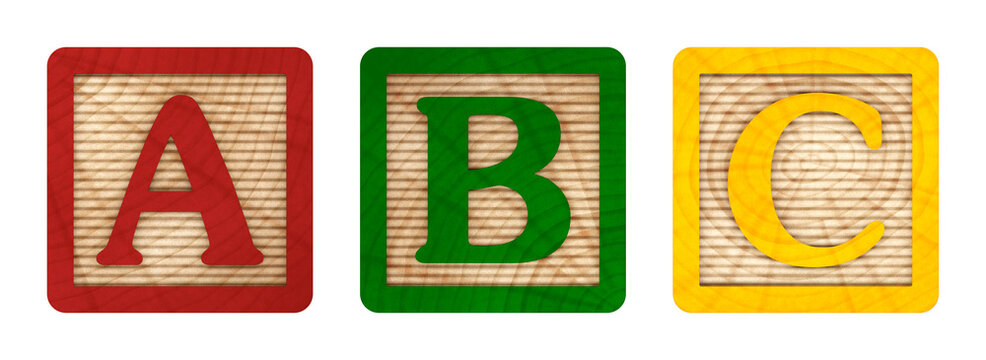 3D render A B C alphabet in colored wooden blocks with letters for literacy and didactic illustration for schools, children, advertisements and others. Excellent quality.