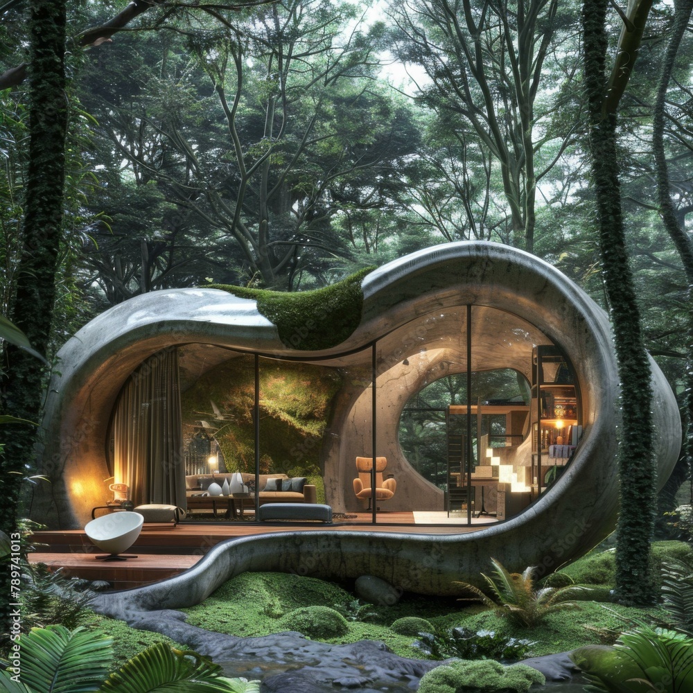Poster a house in the middle of a forest with trees and grass. generative ai.
