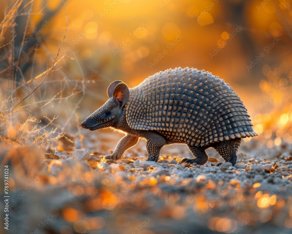 Poster an armadillo walking on a rocky ground with some trees in the background. generative ai.