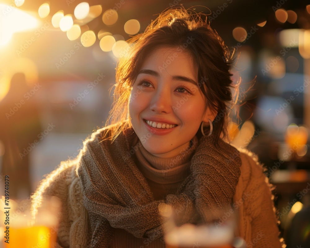 Poster a woman smiling while sitting at a table with two beers. generative ai.