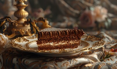 A piece of a chocolate cake on top of a gold plate. Generative AI.
