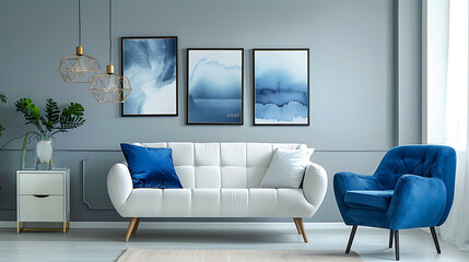 White sofa and blue armchair in living room with posters on the wall, realistic interior design photography