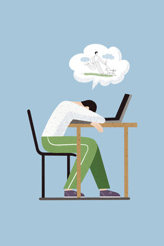Tired man by desktop with laptop dreaming about walking with dog