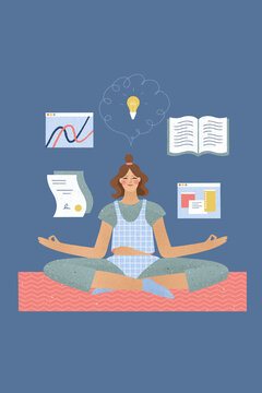 Careless lady doing yoga in padmasana while freeing busy mind