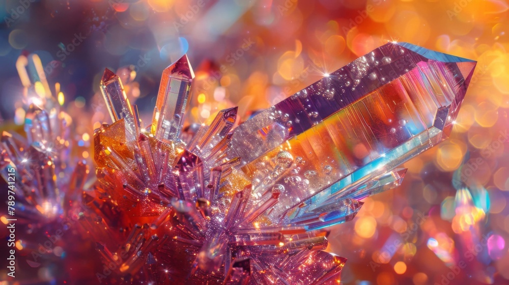 Poster a close up of a crystal with colorful sparkles around it. generative ai.