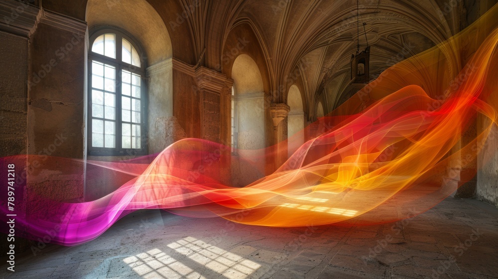 Aufkleber a long exposure photograph of a colorful light flowing through an empty room. generative ai.