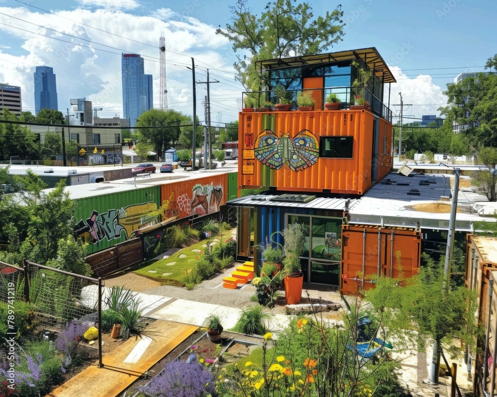 Poster a colorful building with a garden in the middle of it. generative ai.