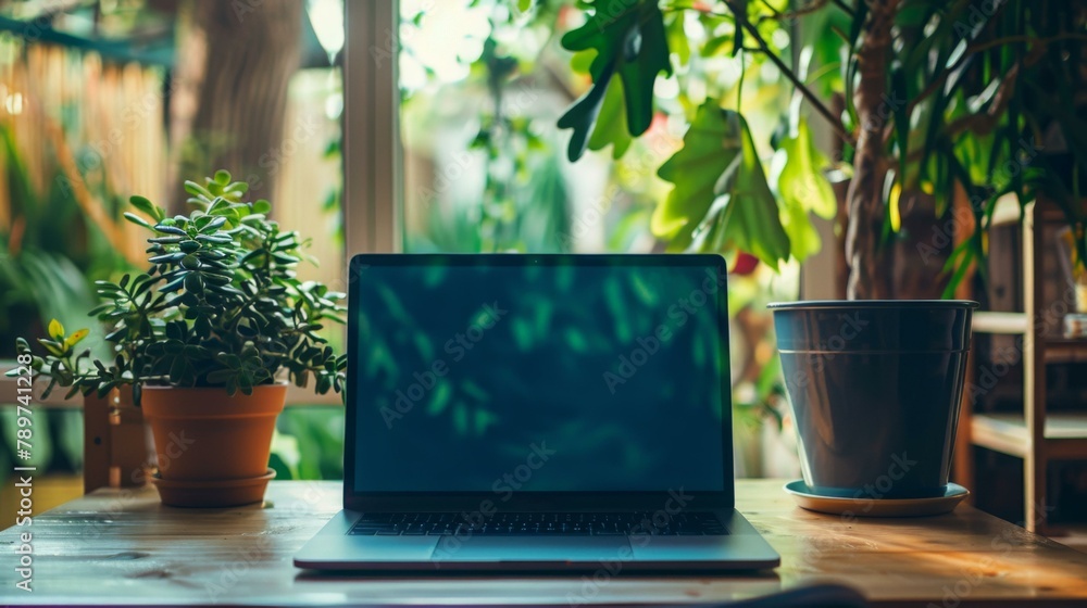 Poster a laptop computer sitting on a table next to some plants. generative ai.