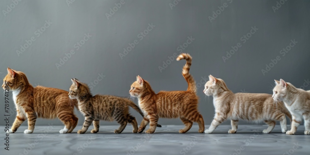 Poster a group of cats are walking in a line. generative ai.