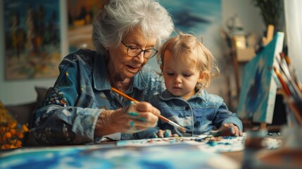 An older woman and a small child painting on paper. Generative AI.