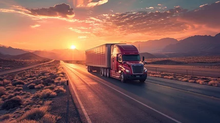 Fotobehang Massive Truck Traversing Scenic Desert Highway at Breathtaking Sunset © Sittichok