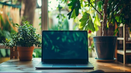 A laptop computer sitting on a table next to some plants. Generative AI.