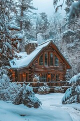 A log cabin surrounded by snow covered trees in the woods. Generative AI.
