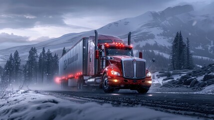 Powerful Freight Truck Navigating Rugged Snowy Landscape Under Ominous Clouds