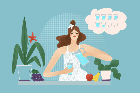 Female pouring water in glass by table with fruits and plants