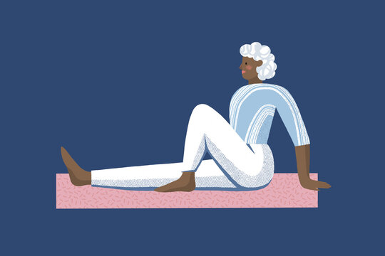 Elderly black woman making light gymnastics for legs joints with smile