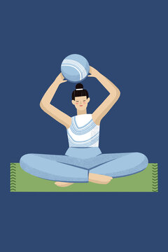 Brunette woman holding fitness ball above head while sitting on rug