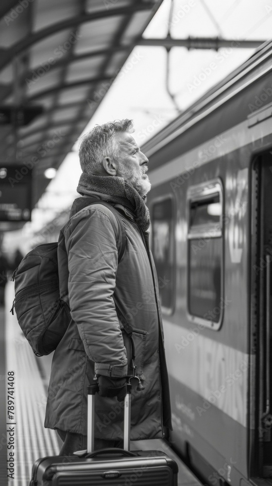 Poster a man standing on platform with a suitcase and train approaching. generative ai.