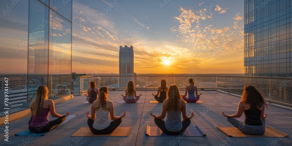 Wall mural A group of women doing yoga on a rooftop at sunset. Generative AI.