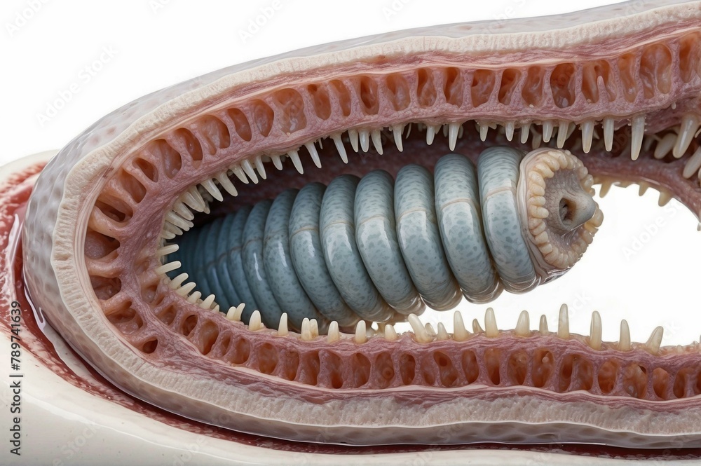 Poster a close-up of a large worm with its mouth open. generative ai.