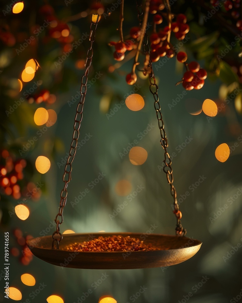 Poster a close up of a bird feeder hanging from the ceiling. generative ai.