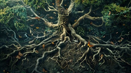An artistic depiction of a tree with its roots intertwined with fungal networks, with small animals and insects interacting subtly - obrazy, fototapety, plakaty