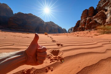 A person giving a thumbs up in the desert with sun shining. Generative AI.