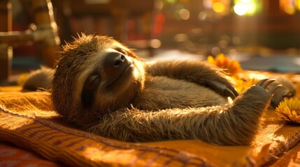 A sloth is laying on a blanket with yellow flowers. Generative AI.