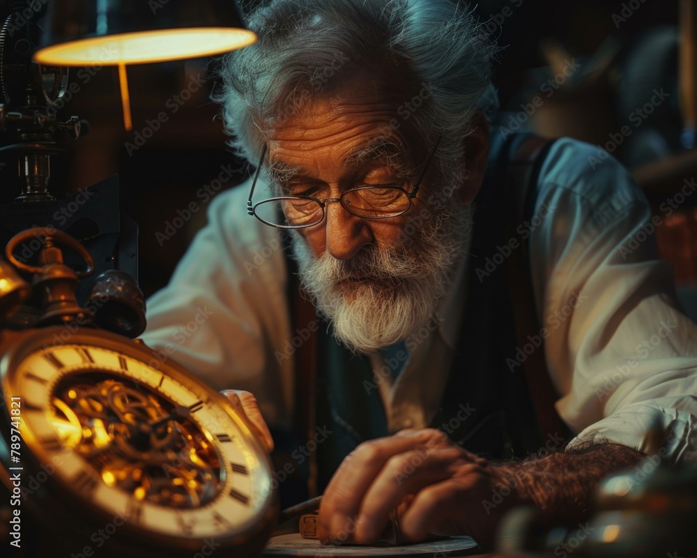 Poster a man with glasses and a beard working on an old clock. generative ai.