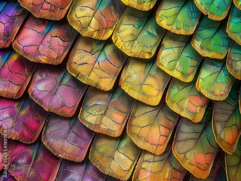 Aufkleber a close up of a colorful bird's wings with many different colors. generative ai.