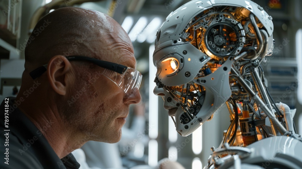 Poster a man looking at a robot with glasses on. generative ai.