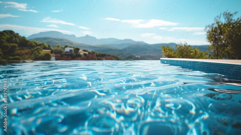 Poster a pool with water and mountains in the background. generative ai.