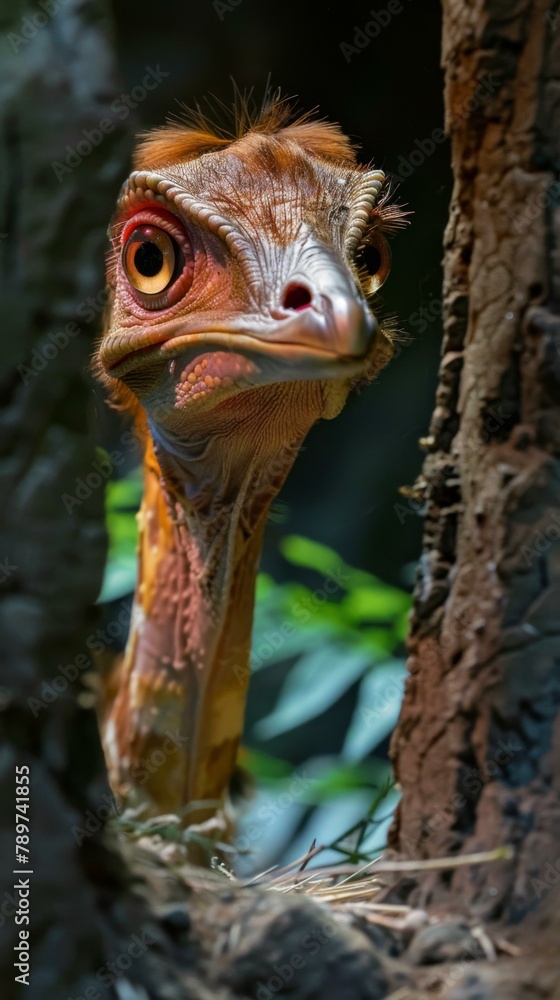 Poster a close up of a bird looking out from behind some trees. generative ai.
