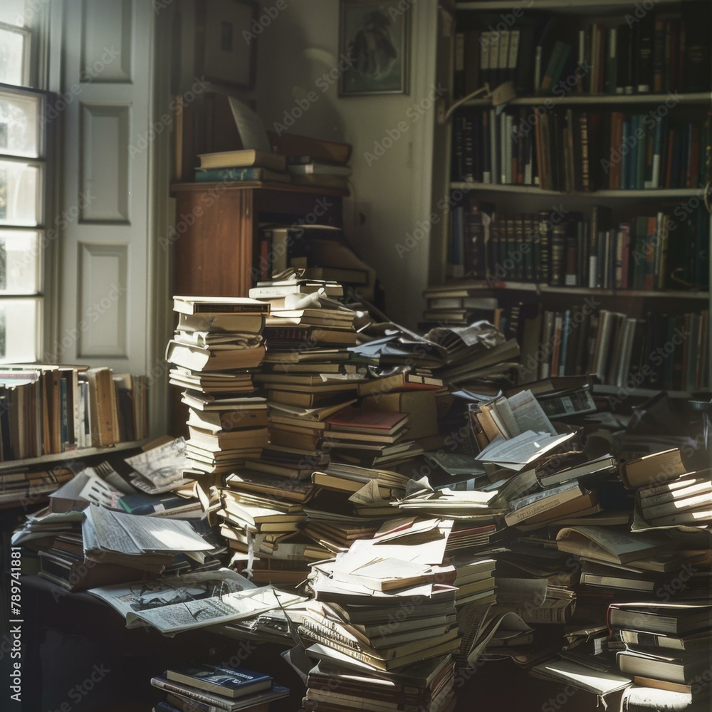 Poster a pile of books on a table in front of the window. generative ai.