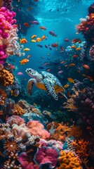 Fototapeta na wymiar A turtle swimming among colorful coral reefs in the ocean. Generative AI.