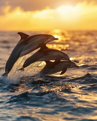 Three dolphins jumping out of the water at sunset. Generative AI.