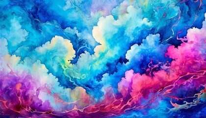 Fototapeta na wymiar Electric blue paint swirls in a pattern resembling cumulus clouds, creating a mesmerizing painting of natural materials on a white background with hints of magenta
