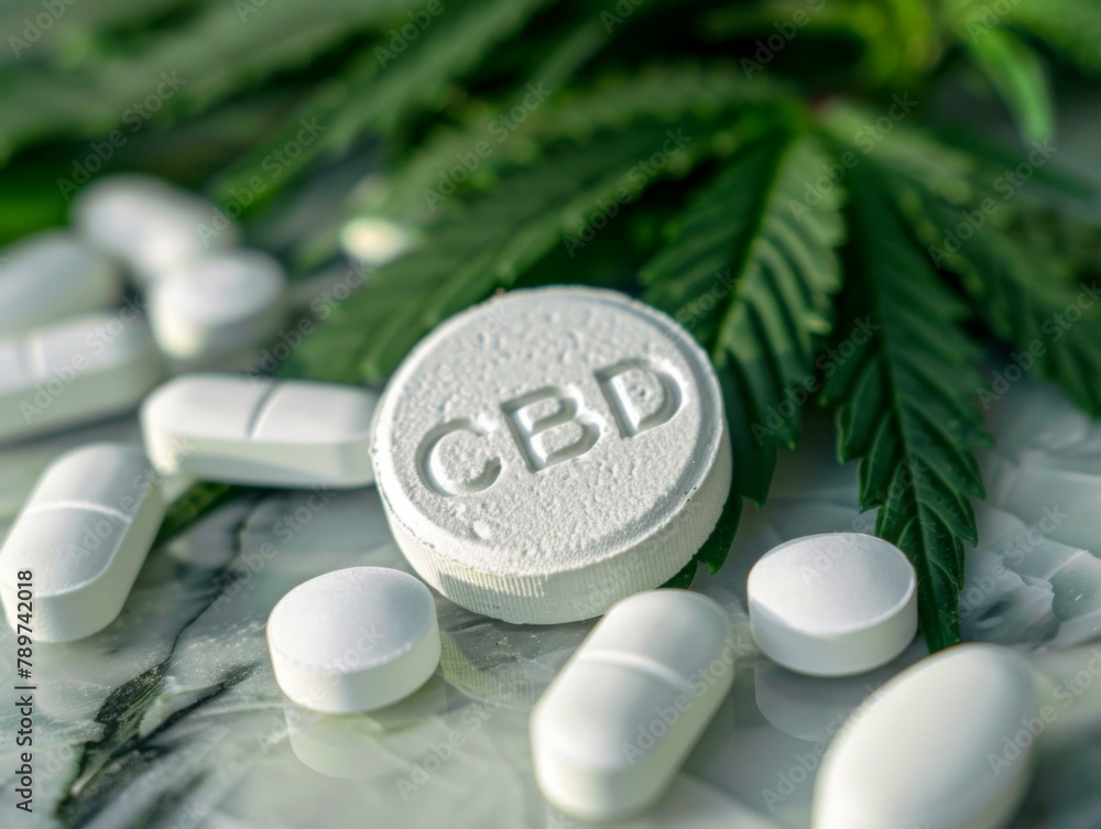 Poster a close up of a white pill with cbd on it. generative ai.