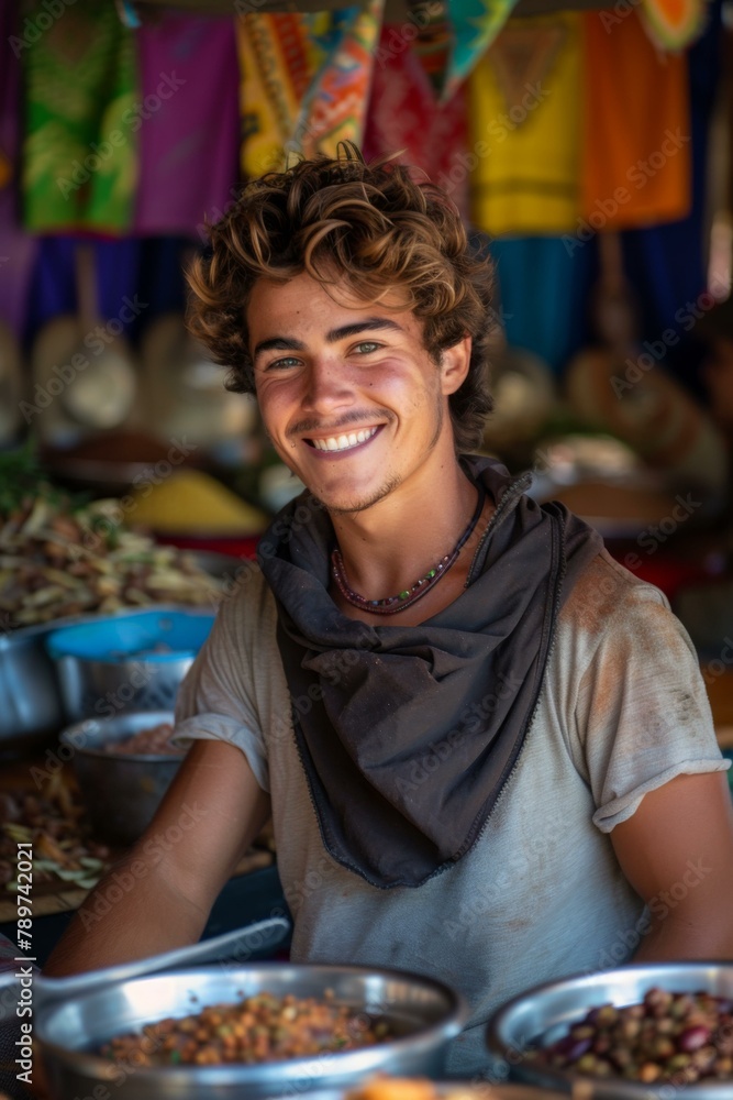 Poster a man smiling while standing in front of a table with bowls. generative ai.