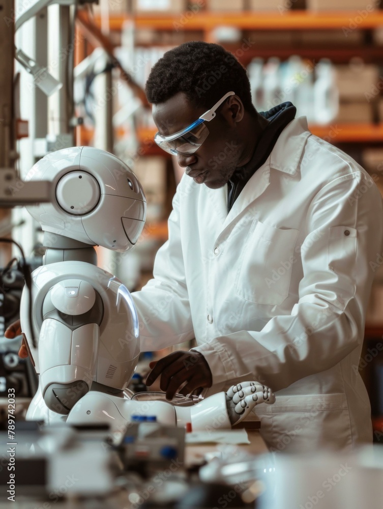 Poster a man in white lab coat working on a robot. generative ai.