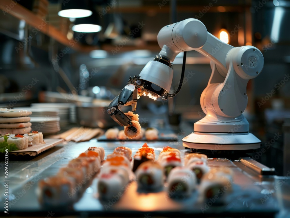 Sticker A robot is preparing sushi for a customer in an industrial kitchen. Generative AI.