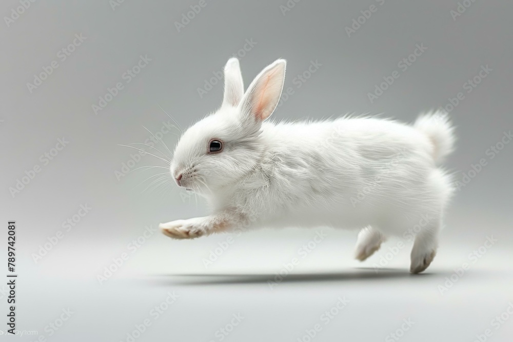 Poster a white rabbit running on a gray background in the air. generative ai.