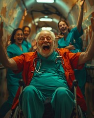 A man in a wheelchair with nurses and doctors around him. Generative AI.