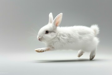 A white rabbit running on a gray background in the air. Generative AI.