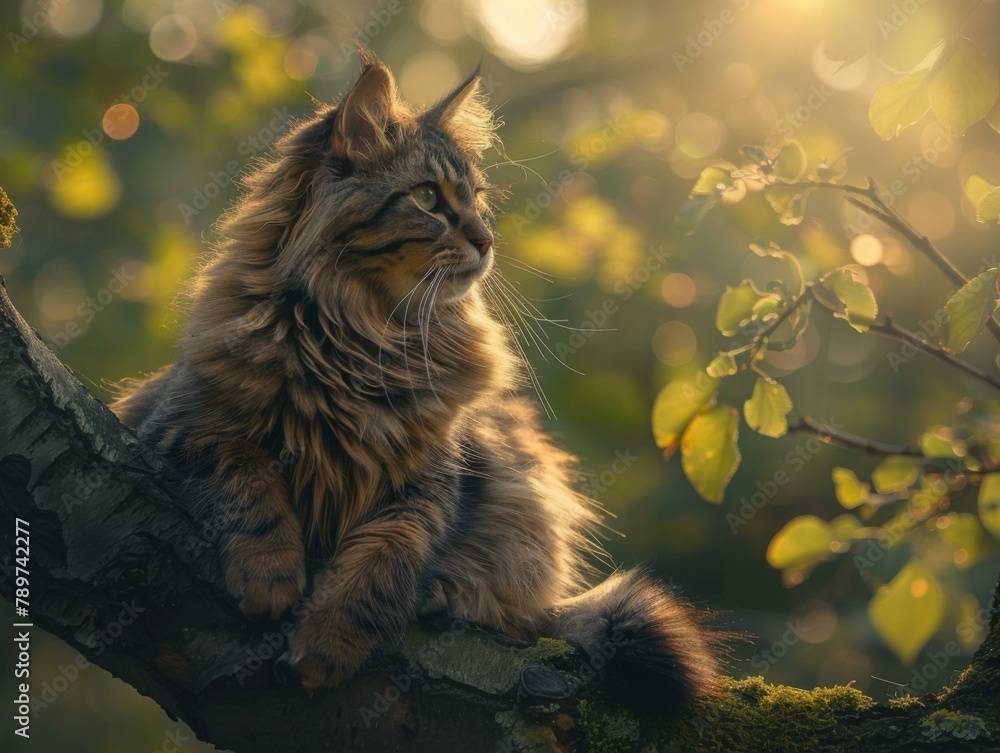 Poster a cat sitting on a tree branch looking out into the distance. generative ai.