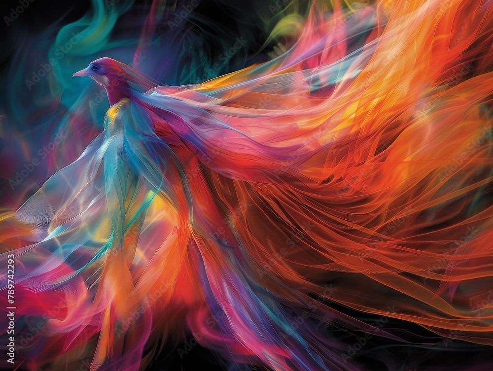 Poster a colorful bird with a flowing tailgraph. generative ai.