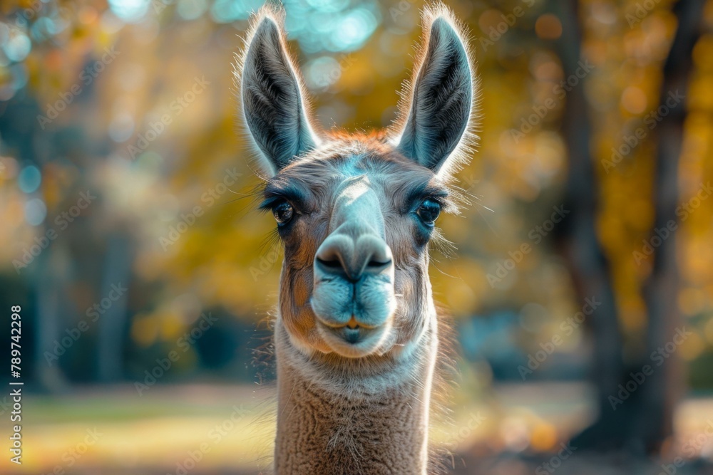 Poster a close up of a llama looking at the camera with trees in background. generative ai.