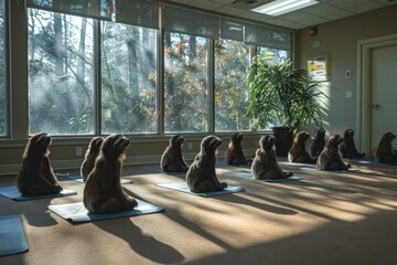 A group of sloths are sitting on yoga mats in front of a window. Generative AI.